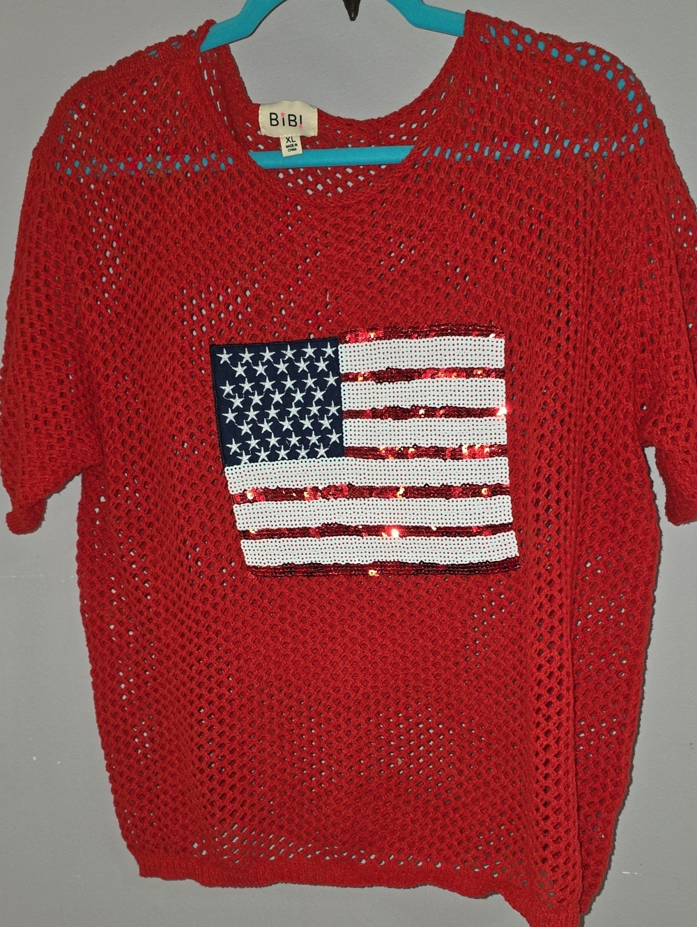 BiBi Red Open-Knit Sweater with Sequin Flag Applique American Patriotic Red Flag